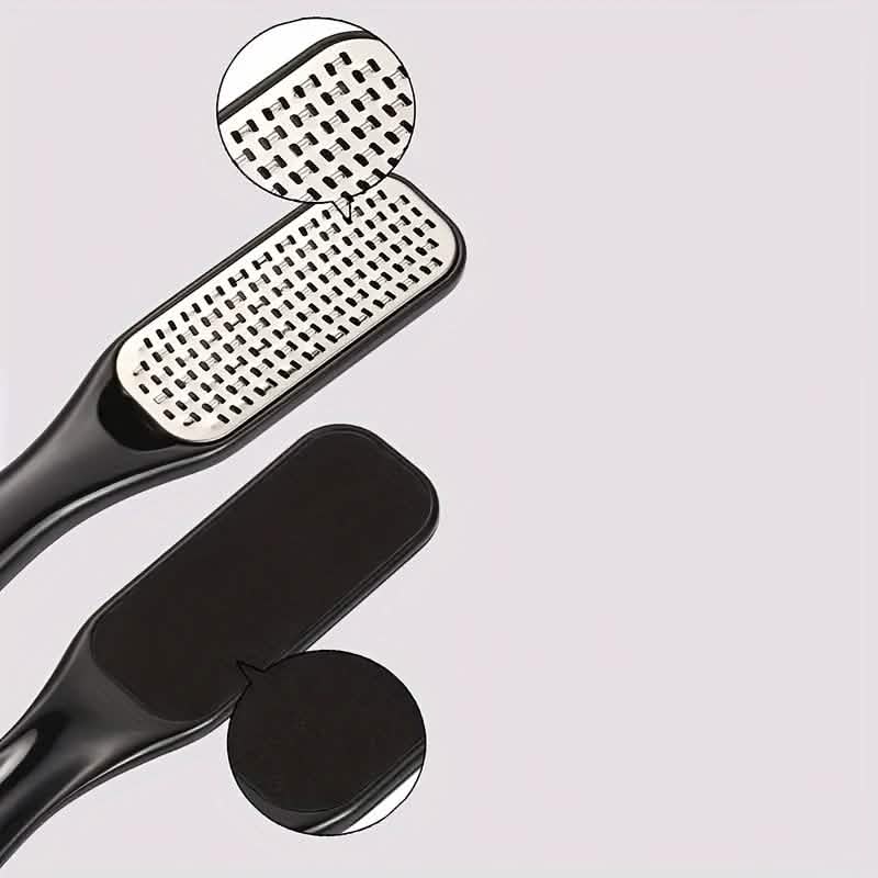Stainless steel foot file with textured metal scraper and black ergonomic handle