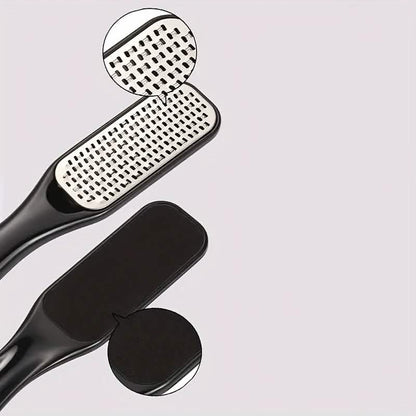 Stainless steel foot file with textured metal scraper and black ergonomic handle