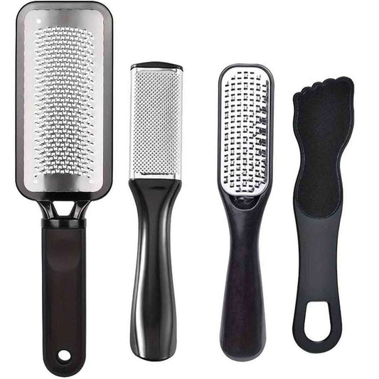4-piece stainless steel foot file set with textured metal pads and black handles