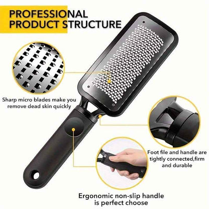 Stainless foot file with micro-textured metal surface and ergonomic non-slip black handle