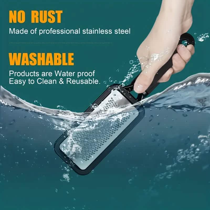 Stainless foot file with textured metal pad and black handle with water splash