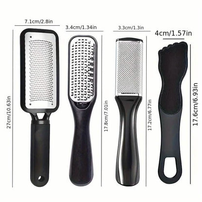 4-piece foot file set showing four stainless steel grater pads with black handles