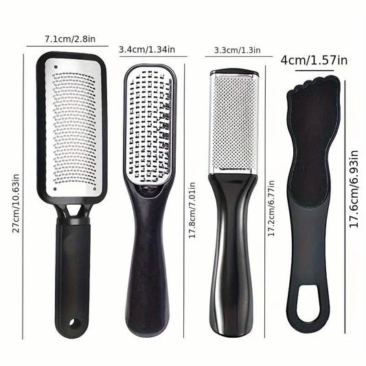 4-piece foot file set showing four stainless steel grater pads with black handles