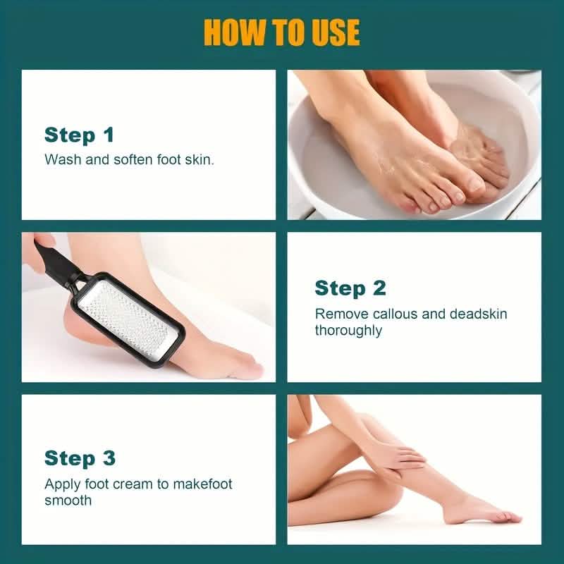 Foot file for callus removal with stainless textured scraping surface and black handle