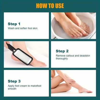 Foot file for callus removal with stainless textured scraping surface and black handle