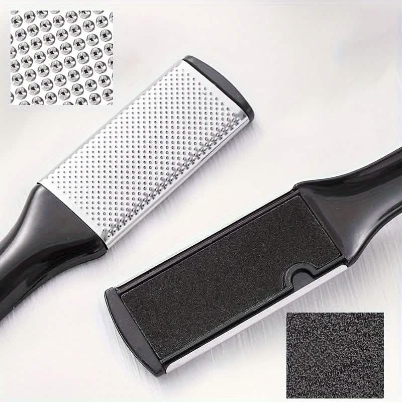 Foot file with black handle and stainless textured pad plus dark abrasive surface