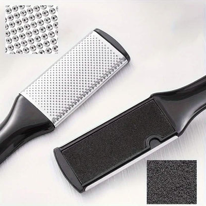 Foot file with black handle and stainless textured pad plus dark abrasive surface