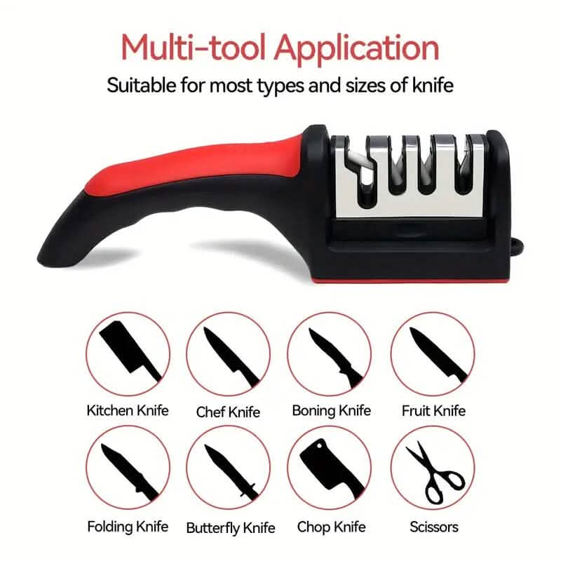 Red-and-black multi-tool knife sharpener with multi-slot head for various knife types