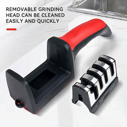 Red-and-black kitchen knife sharpener with removable grinding head and wide handle