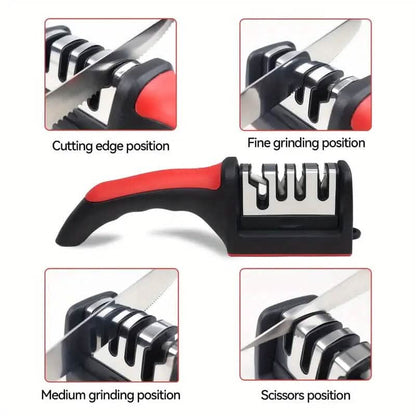 Red-and-black kitchen knife sharpener showing cutting-edge and fine/medium/scissors angles