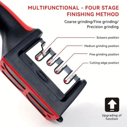 Red-and-black knife sharpener base showing four grinding positions with metal guide bars