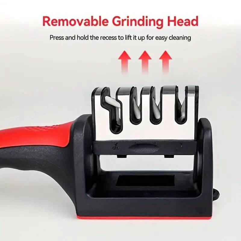 Red-and-black removable grinding head for kitchen knife sharpener with raised sharpening slots