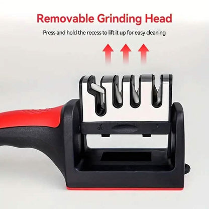 Red-and-black removable grinding head for kitchen knife sharpener with raised sharpening slots
