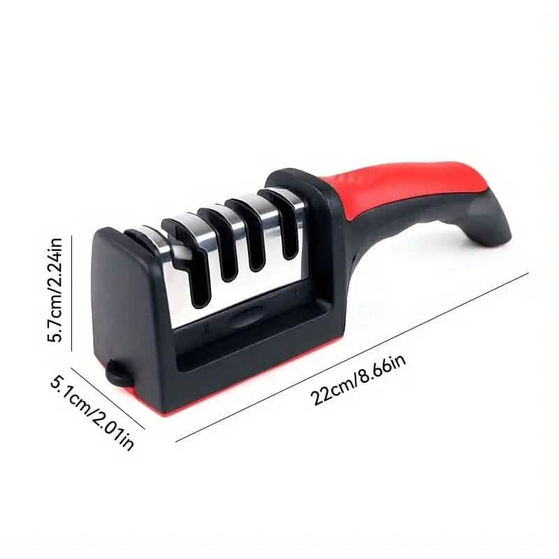 Red-and-black 4-stage kitchen knife sharpener with arched handle and multi-slot head