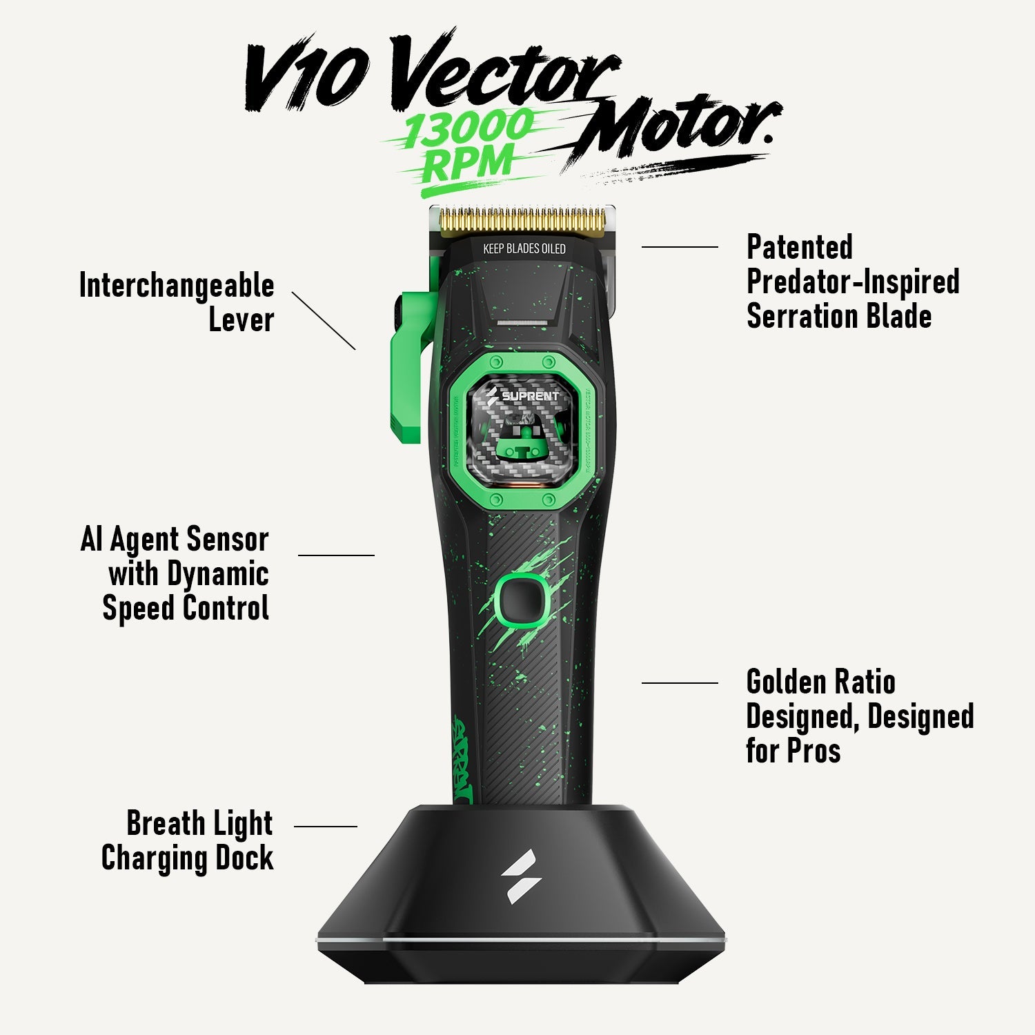 Hair clipper on black charging dock with green accents and gold blade.