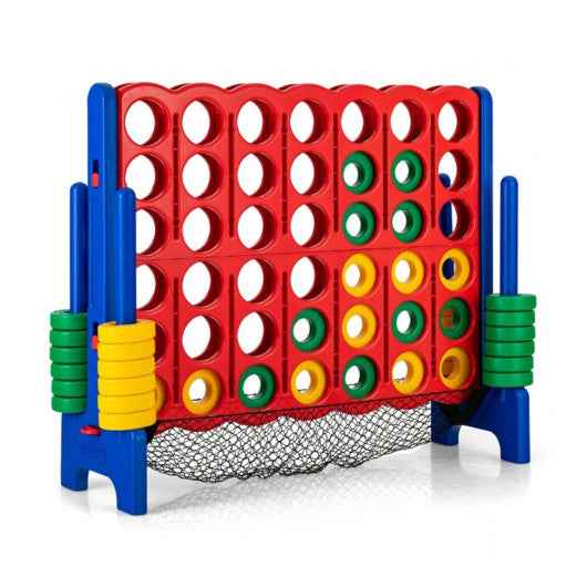 Giant 4-in-a-row game set with blue frame, red board, multicolor pegs, net