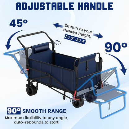 Reclining wagon cart chair with adjustable handle and four caster wheels
