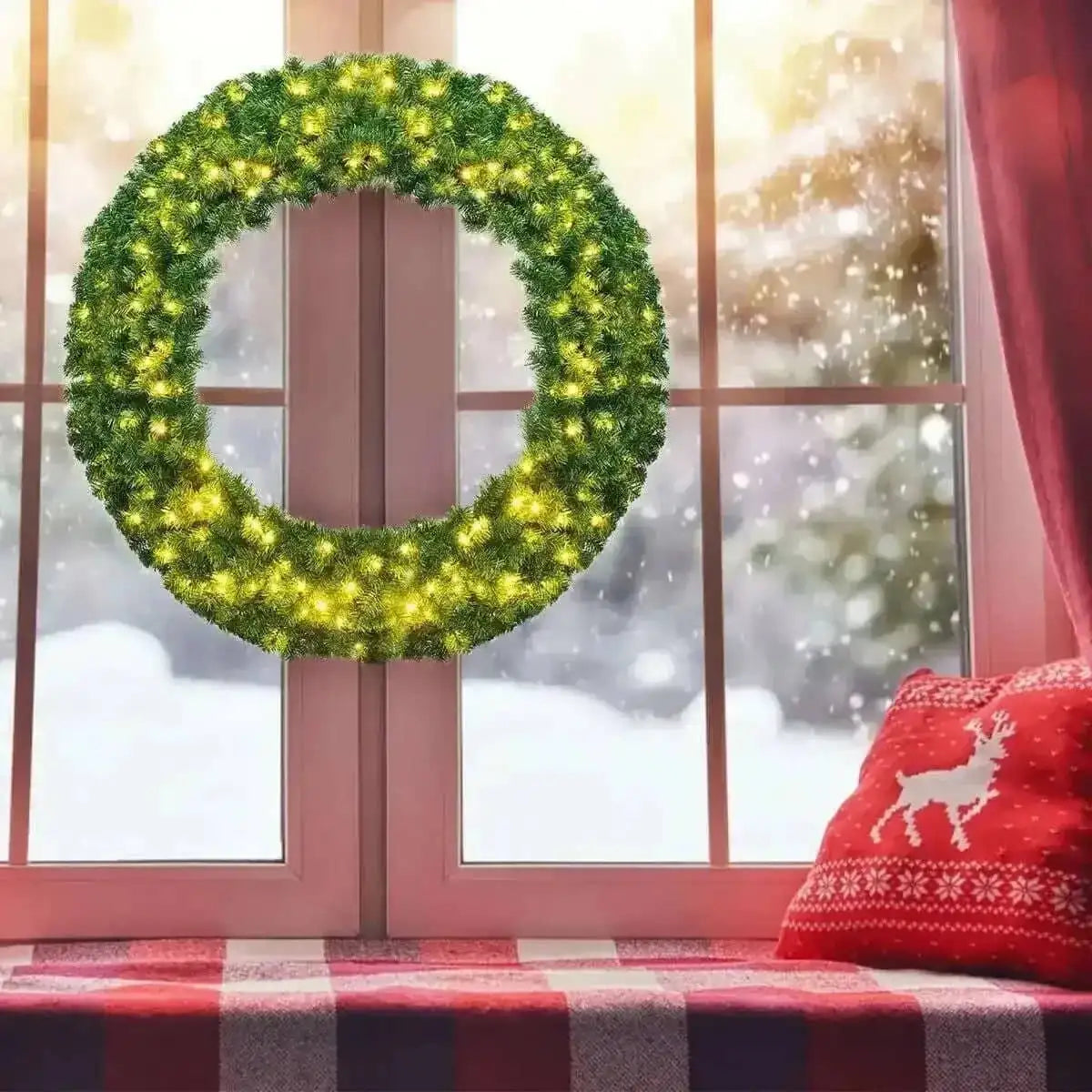 48 Inch Pre-lit Cordless Artificial Christmas Wreath for Holiday Decoration
