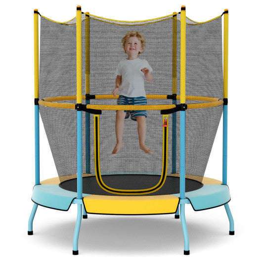 Yellow 48-inch toddler trampoline with enclosed safety net and padded frame legs