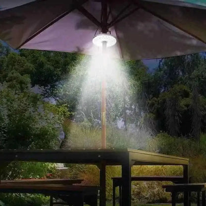 Umbrella pole LED light shining upward through the umbrella canopy