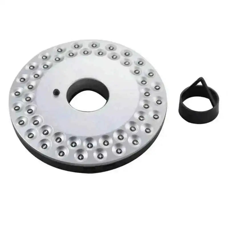 LED umbrella pole light ring with metal bulb dots, center hole, and black mounting base