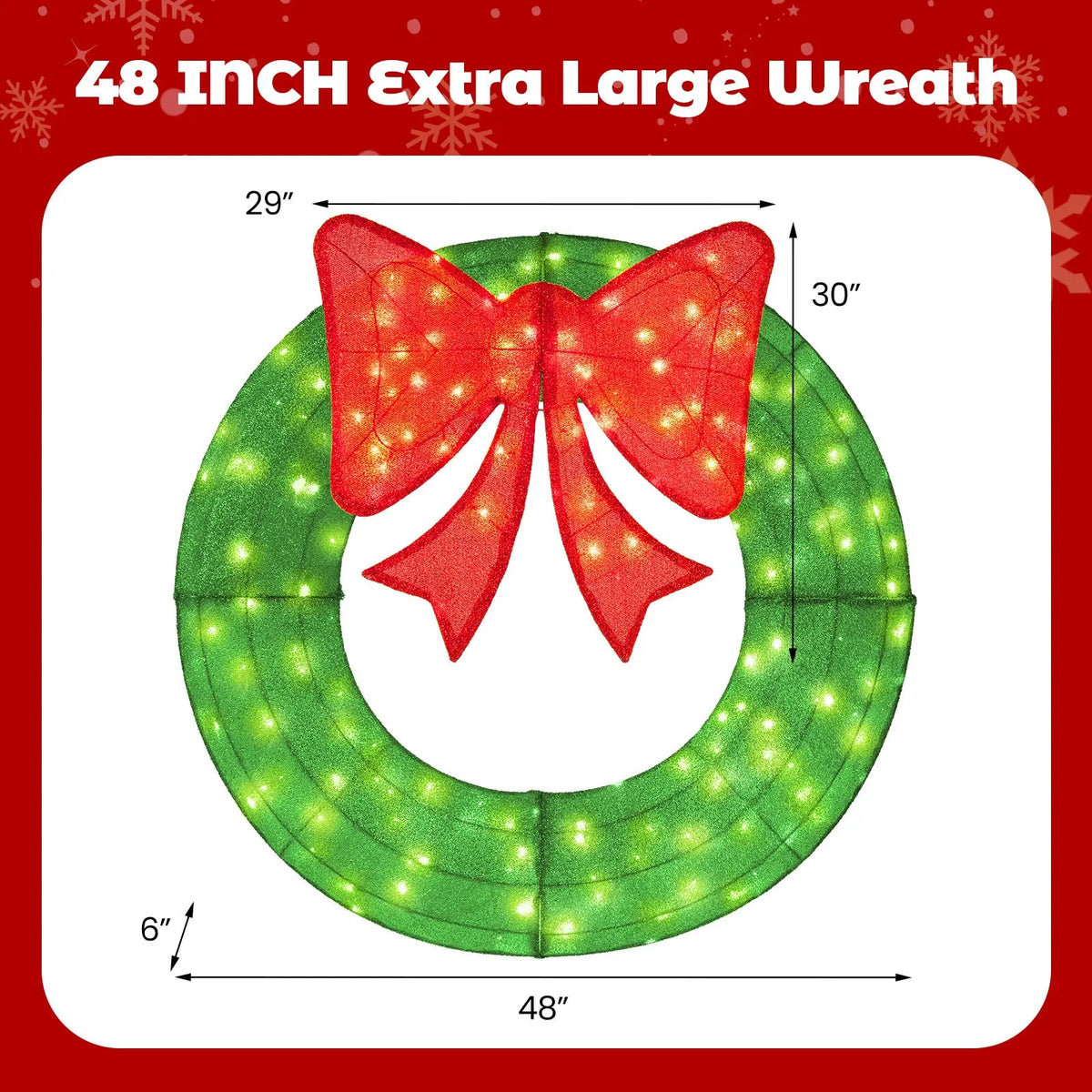48 Inch Pre-Lit Lighted Christmas Mesh Wreath with Bow and 200 LED Bulbs