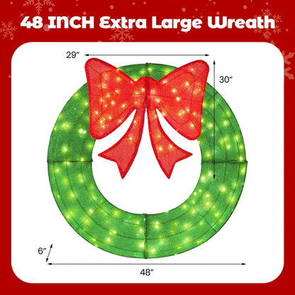 48 Inch Pre-Lit Lighted Christmas Mesh Wreath with Bow and 200 LED Bulbs