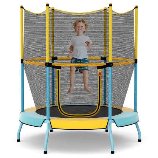 Yellow 48-inch toddler trampoline with enclosed safety net and padded frame legs