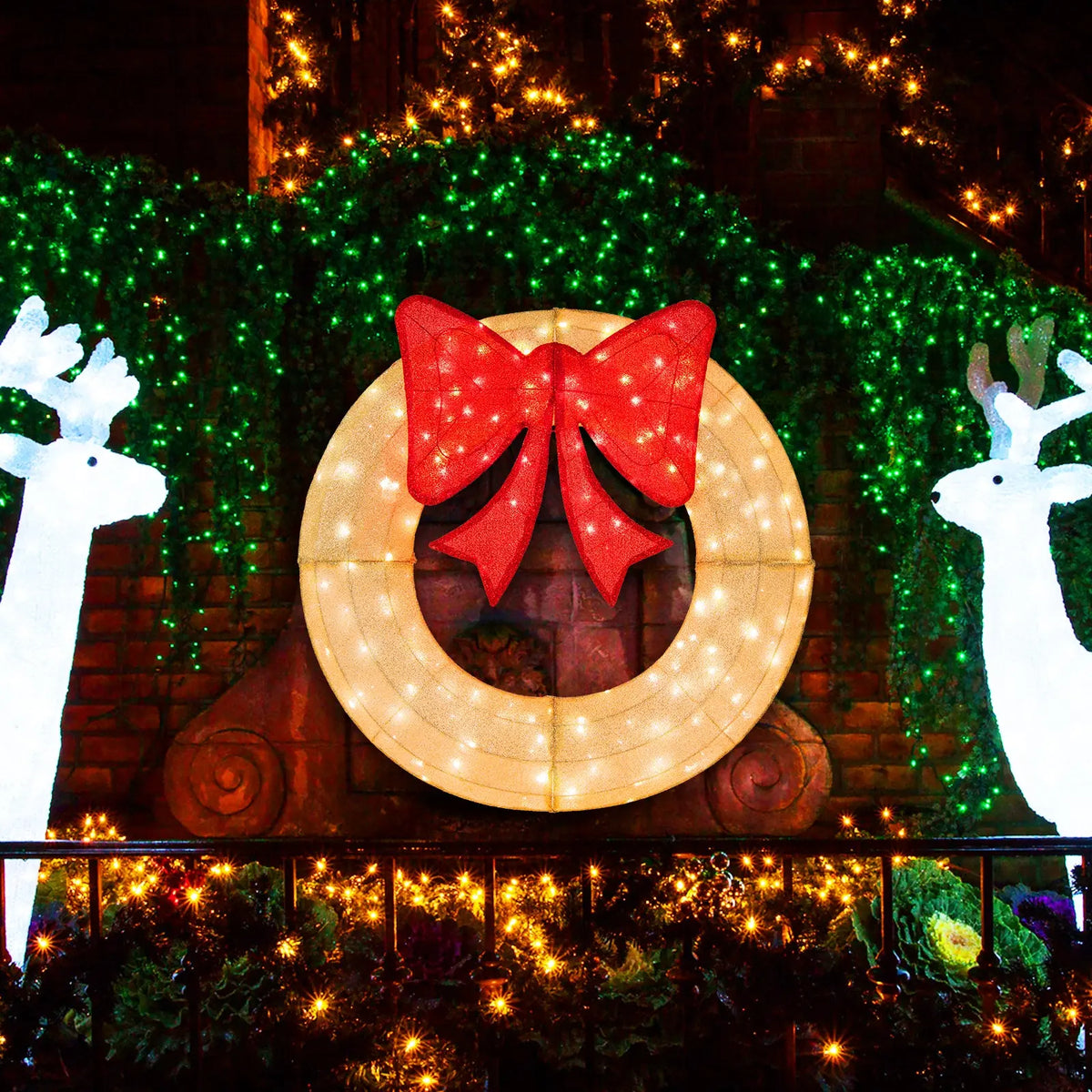 48 Inch Pre-Lit Lighted Christmas Mesh Wreath with Bow and 200 LED Bulbs