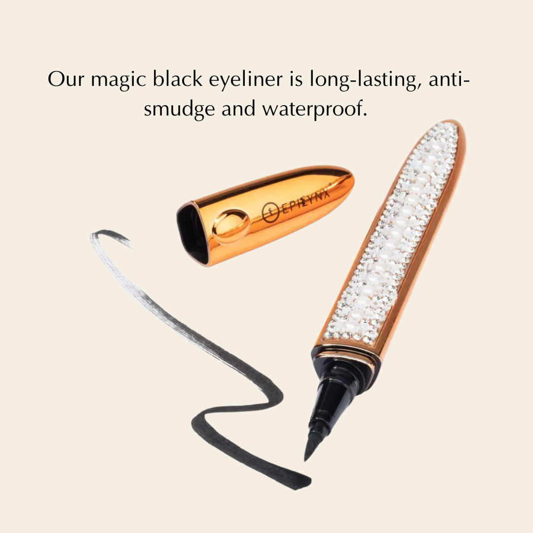 No-glue eyeliner tube with precision tip and visible black wing line swatch