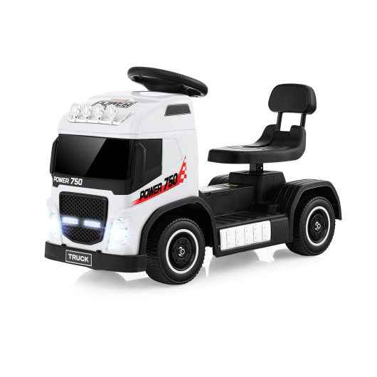 White kids electric ride-on truck with black adjustable seat and steering wheel