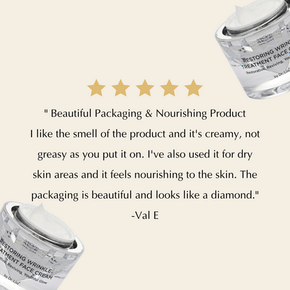 Restoring Wrinkle Treatment face cream jar with five-star rating graphic
