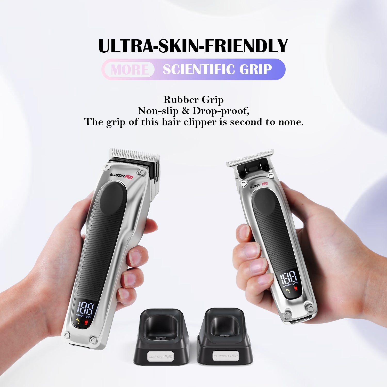 Two handheld hair clippers with silver bodies and black grips; charging stands shown below