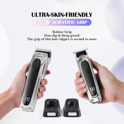 Two handheld hair clippers with silver bodies and black grips; charging stands shown below