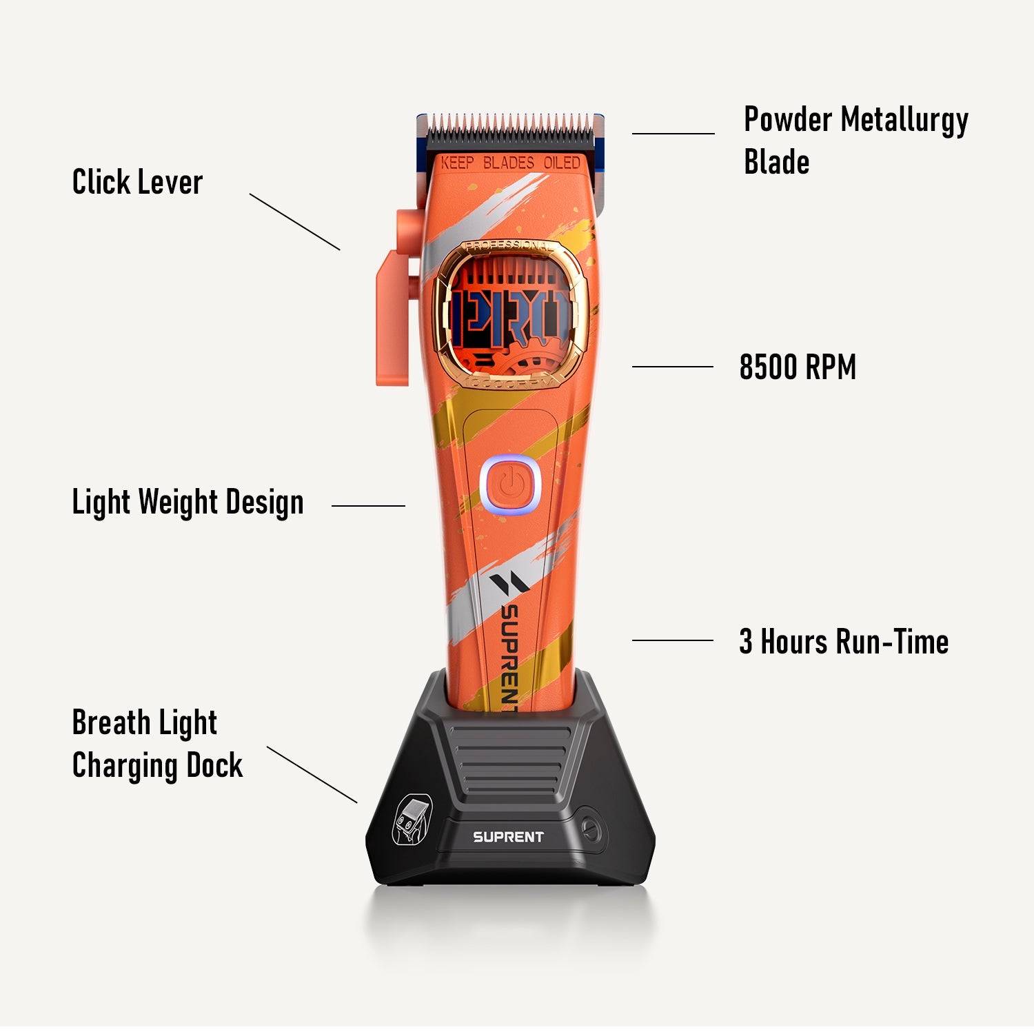 Orange hair clipper with charging dock stand, front view and blade area