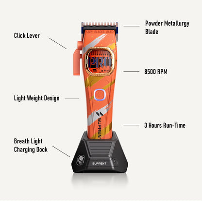 Orange hair clipper with charging dock stand, front view and blade area