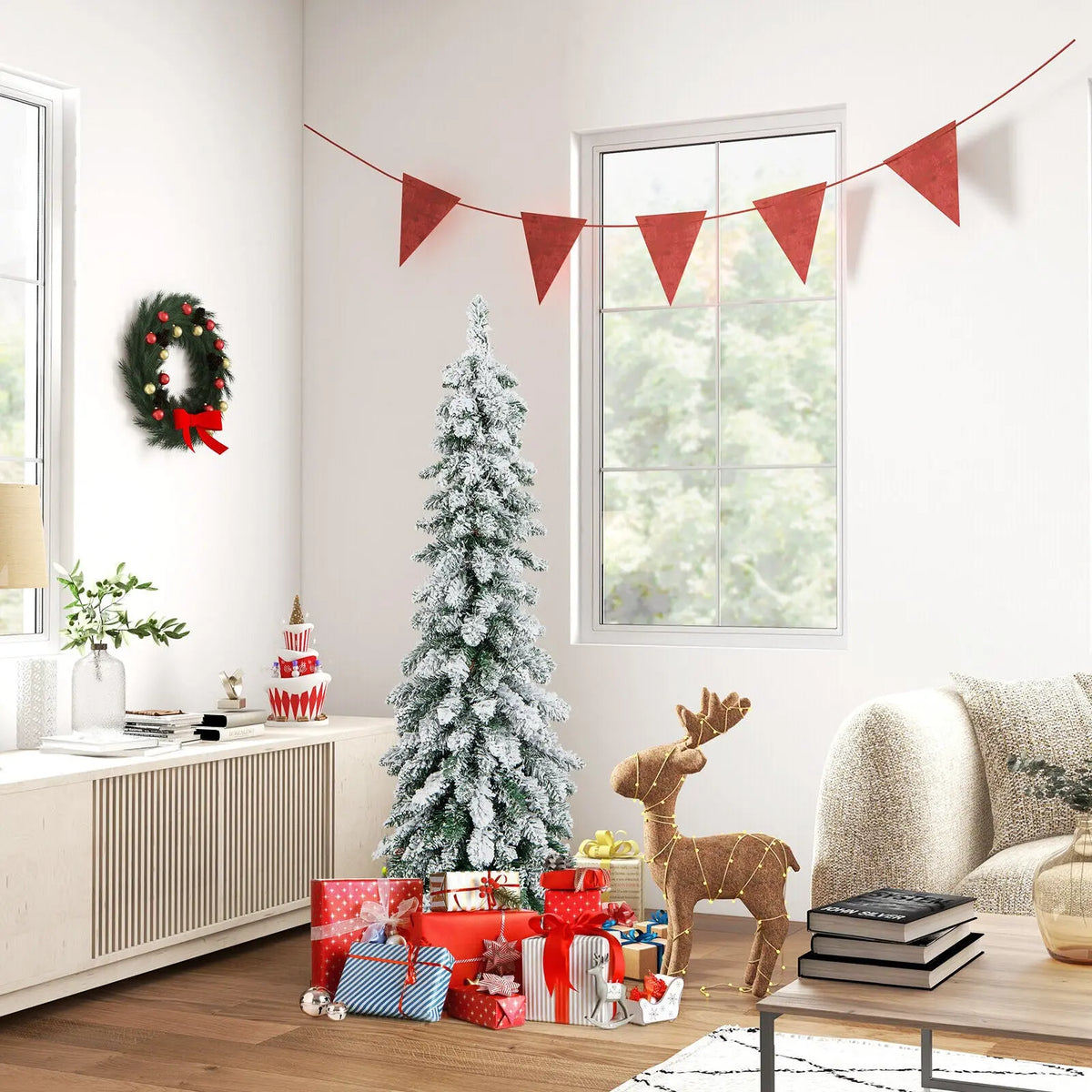 4/5/6 Feet Pre-Lit Artificial Christmas Tree Snow-Flocked Slim Pencil Xmas Decor-5 ft