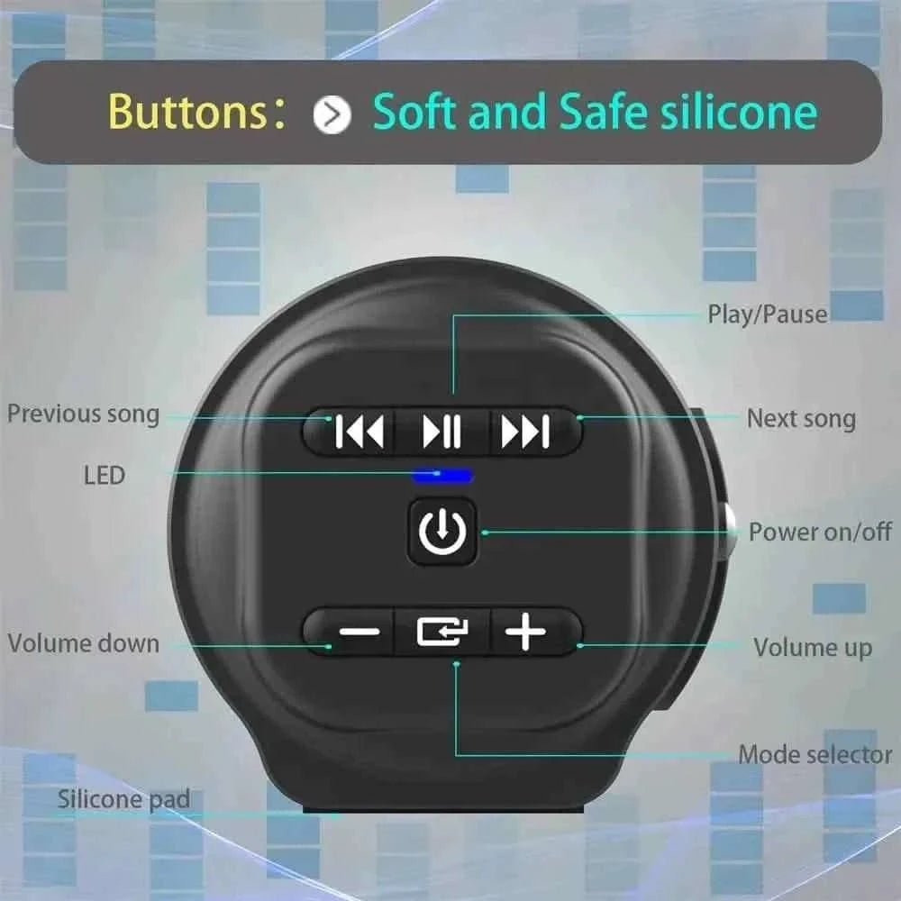 Soundbar remote control with silicone buttons for play/pause, volume, and power
