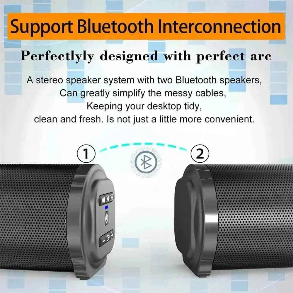 Soundbar ends showing Bluetooth interconnection indicators on a black speaker