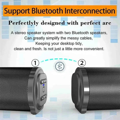Soundbar ends showing Bluetooth interconnection indicators on a black speaker