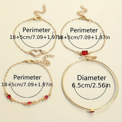 4pcs Rhinestone Alloy Bracelet Set – Minimalist Heart & Square Design - Cartsfy Inc.