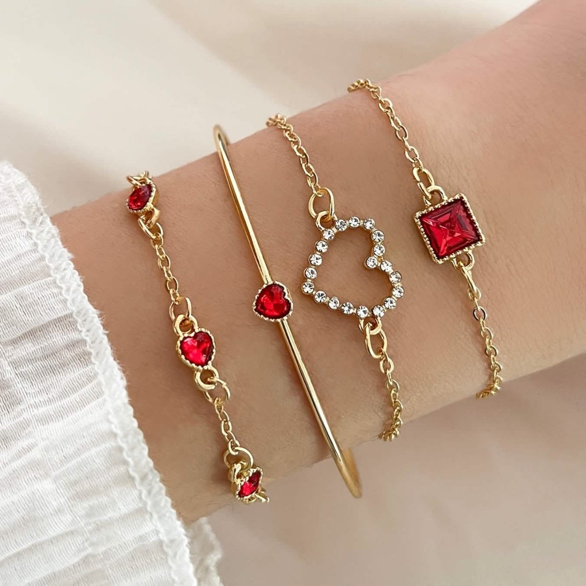 4pcs Rhinestone Alloy Bracelet Set – Minimalist Heart & Square Design - Cartsfy Inc.