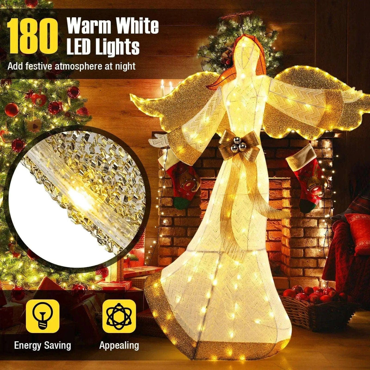 5.2 Feet Christmas Pre-Lit Angel with Halo Wings and 180 Warm White LED Lights Cartsfy Inc.