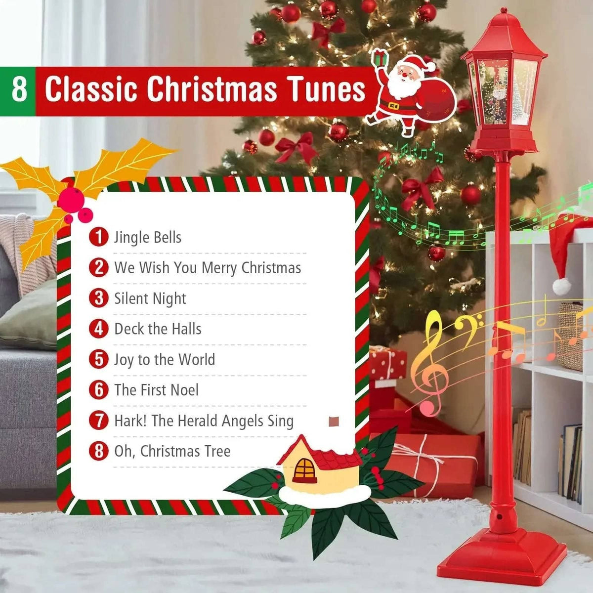 5.3 Feet Musical Christmas Street Lamp with 60 Warm White LED Lights-Red Cartsfy Inc.