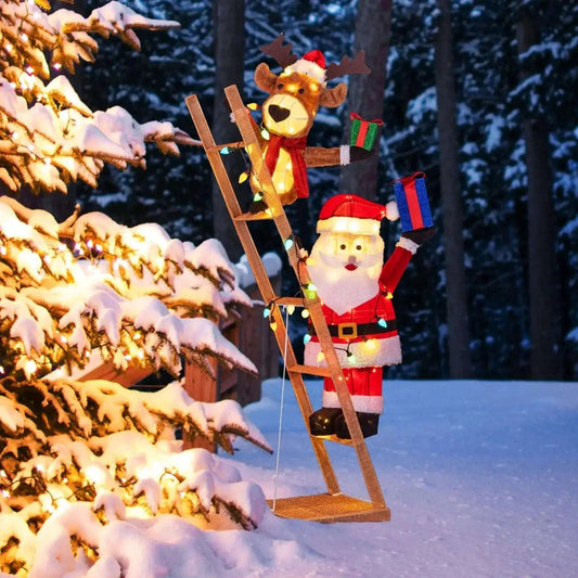 5.5 Feet Christmas Lighted Reindeer and Santa Claus on Ladder with 100 LED Lights Cartsfy Inc.