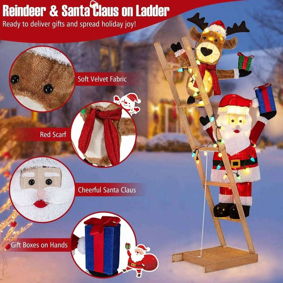 5.5 Feet Christmas Lighted Reindeer and Santa Claus on Ladder with 100 LED Lights Cartsfy Inc.