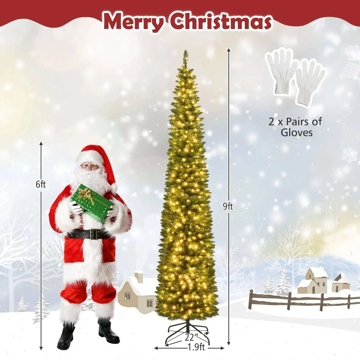 5/6/7/8/9 Feet Pre-lit Pencil Artificial Christmas Tree with 150/180/200//300/400 Warm White LED Lights Cartsfy Inc.