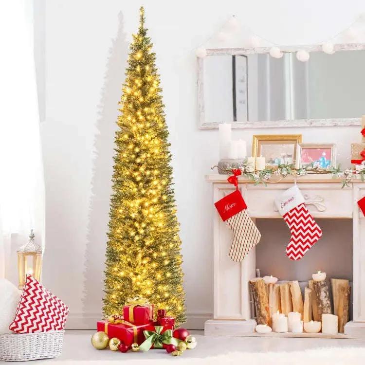 5/6/7/8/9 Feet Pre-lit Pencil Artificial Christmas Tree with 150/180/200//300/400 Warm White LED Lights Cartsfy Inc.