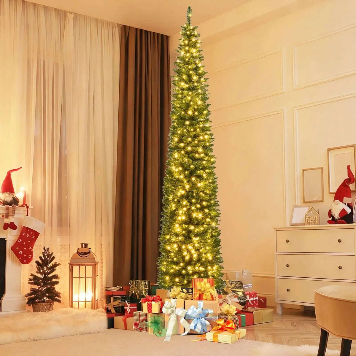 5/6/7/8/9 Feet Pre-lit Pencil Artificial Christmas Tree with 150/180/200//300/400 Warm White LED Lights Cartsfy Inc.