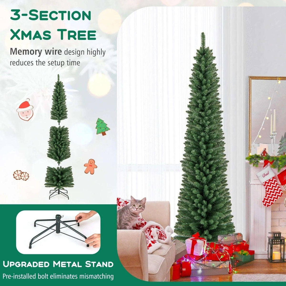 5/6/7/8 Feet Pencil Christmas Tree with 295/392/523/671 Memory Wire Branch Tips and Upgraded Metal Stand DirectDeals 5 Feet 6 Ft 8 Ft 5 Feet-6 Ft-8 Ft-7 Ft-